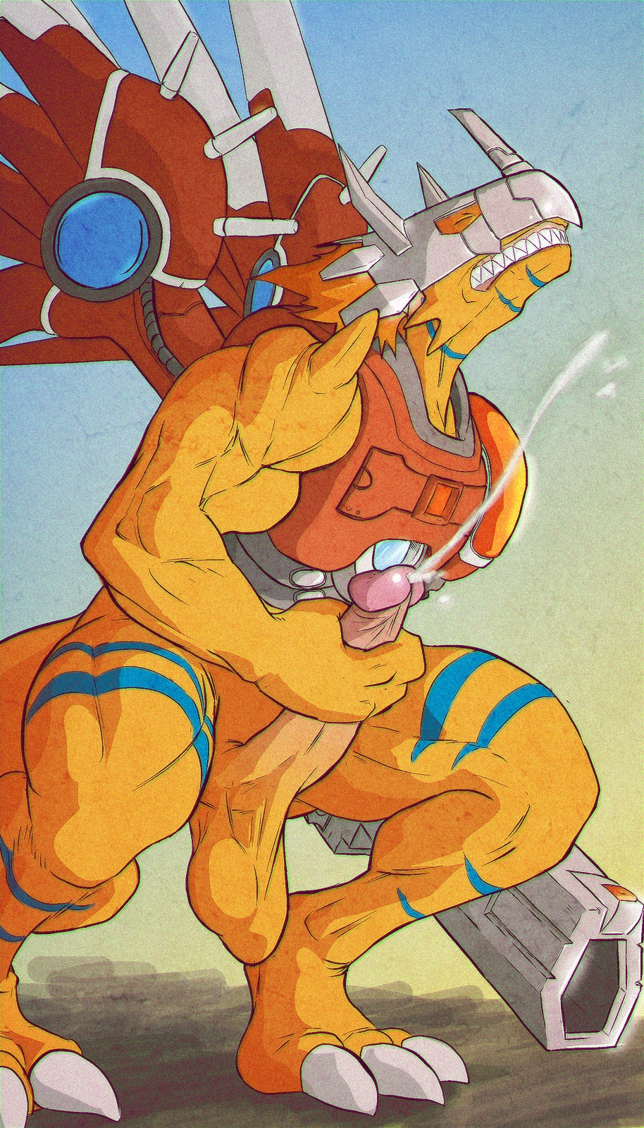 1_artificial_limb 2014 anthro armor athletic balls bandai_namco barefoot biceps big_feet big_penis biped blue_body blue_skin bodily_fluids brown_body brown_skin claws clenched_teeth crouching cum cumshot cybernetics cyborg digimon digimon_(species) dinosaur ducati e621 ejaculation erection eyes_closed fangs feet genital_fluids genitals gums gun_arm headgear helmet hi_res horn humanoid_genitalia humanoid_penis machine male manly markings mask masturbation muscular muscular_anthro orgasm orgasm_face outside penile penile_masturbation penis prehistoric_species reptile rizegreymon saggy_balls saurischian scales scalie sharp_teeth solo standing stripes teeth theropod toe_claws weapon weapon_arm weapon_prosthetic wings