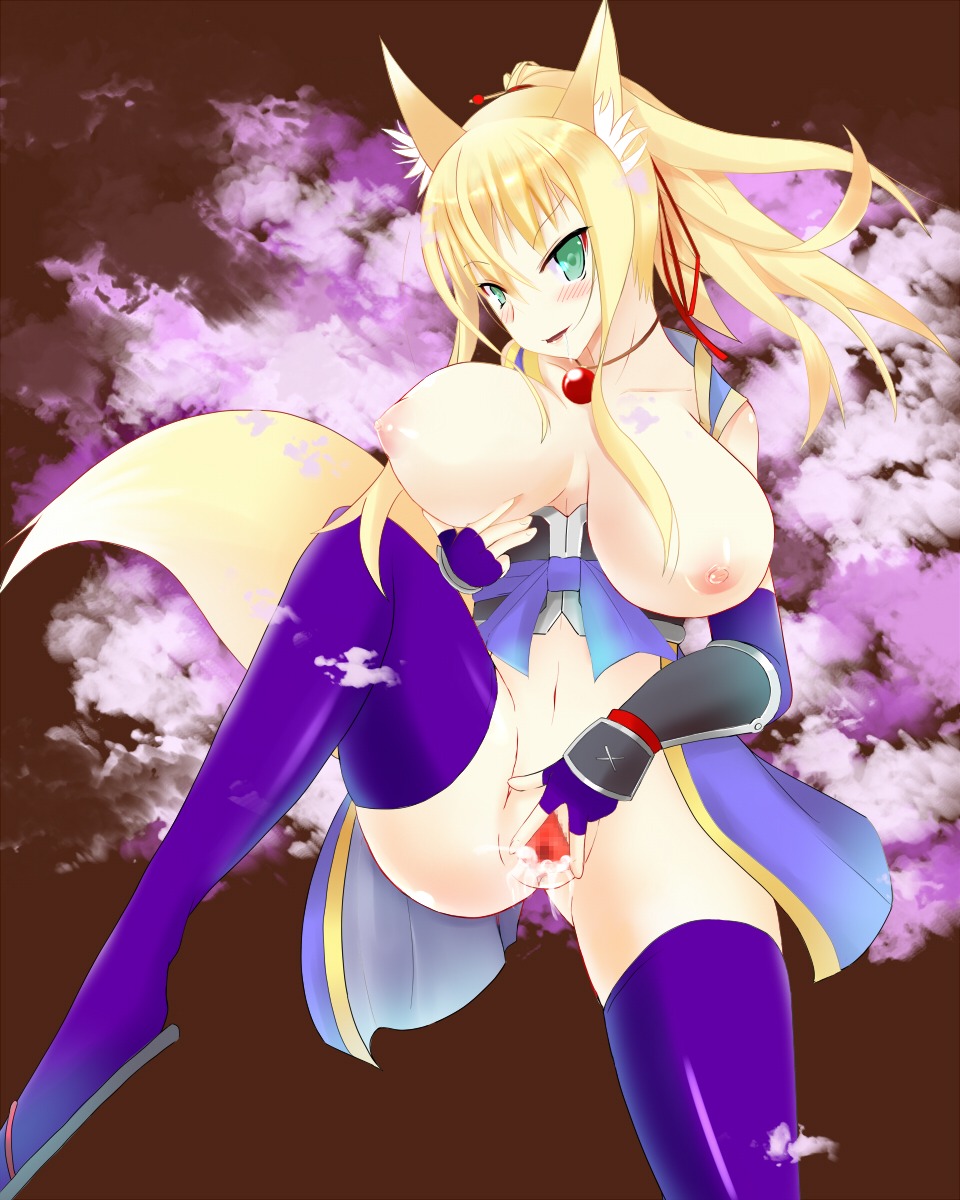 1girls 2d animal_ear artist_request blonde_hair blush breasts censored clothing cum dog_days female green_eyes highres large_breasts nipples pussy rule34 smile solo spread_pussy tail thighhighs vagina yukikaze_panettone
