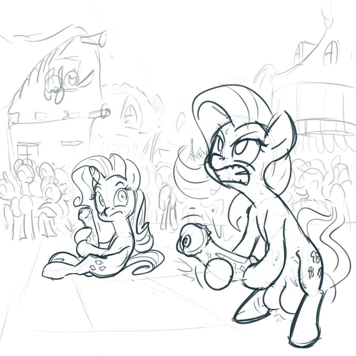 1:1 animal_genitalia animal_penis balls big_penis black_and_white bodily_fluids building cutie_mark duo_focus e621 equid equine equine_genitalia equine_penis erection feral fluttershy_(mlp) friendship_is_magic genitals group gynomorph hair hasbro hi_res horn intersex mammal masturbation monochrome my_little_pony mythological_creature mythological_equine mythology outside pegasus penile penile_masturbation penis rarity_(mlp) sitting sketch standing sweat unicorn unknown_artist wings
