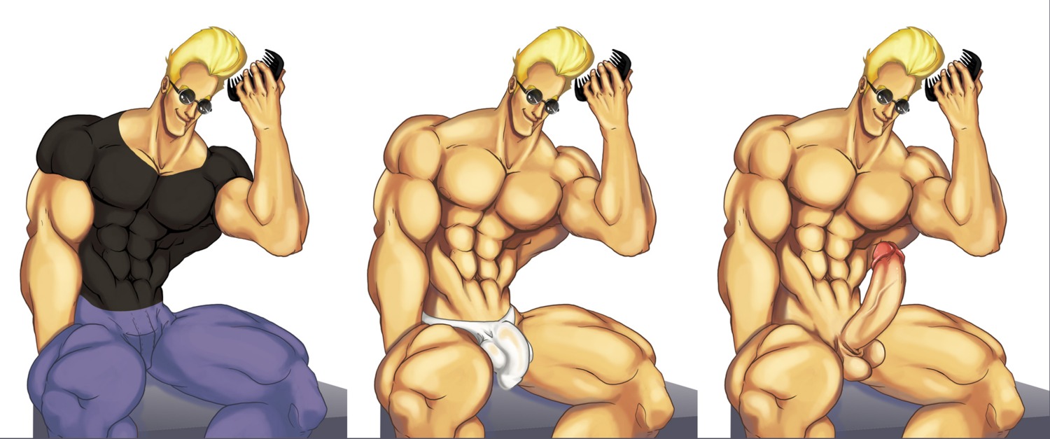 artist_request balls blonde_hair cartoon_network comb erection human johnny_bravo johnny_bravo_(series) male male_only muscles penis rule34 smile solo sunglasses tagme testicles