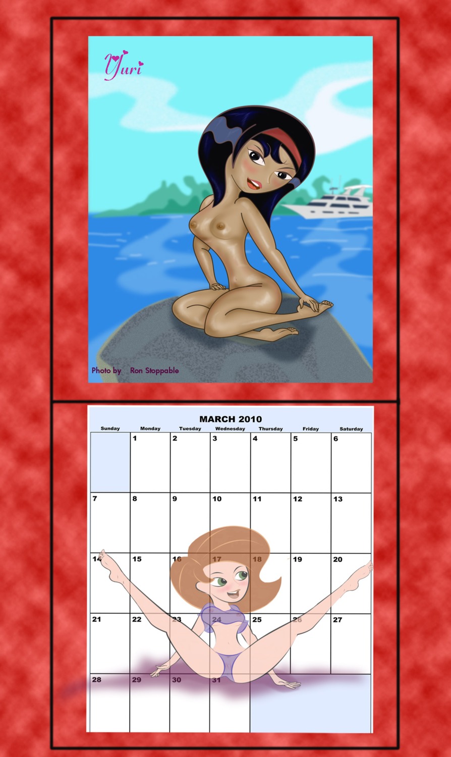 2girls calendar_(medium) disney female female_only human kim_possible kimberly_ann_possible multiple_females multiple_girls nipples rule34 straight_hair yori_(kim_possible) yumibow