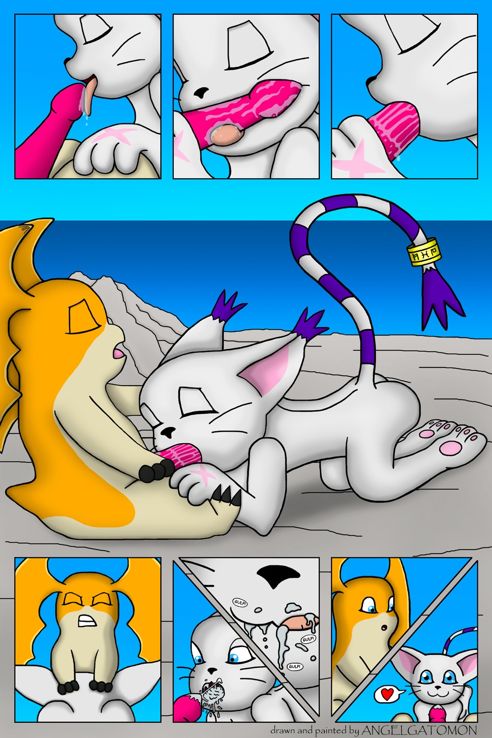 1boy 1girls angelgatomon_(artist) animal_penis anthro blowjob color digimon erection fellatio female fur furry gatomon interspecies male oral oral_sex patamon penis rule34 smooth_penis straight toony