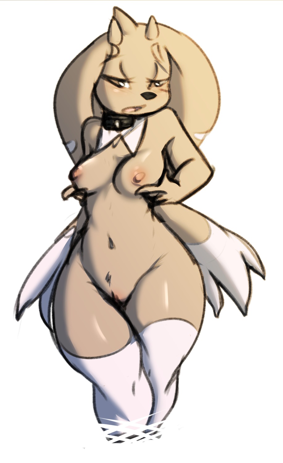 anthro avante92 bandai_namco big_ears breasts digimon digimon_(species) e621 female genitals hi_res lagomorph looking_at_viewer lopmon mammal navel nipples nude sketch solo vulva