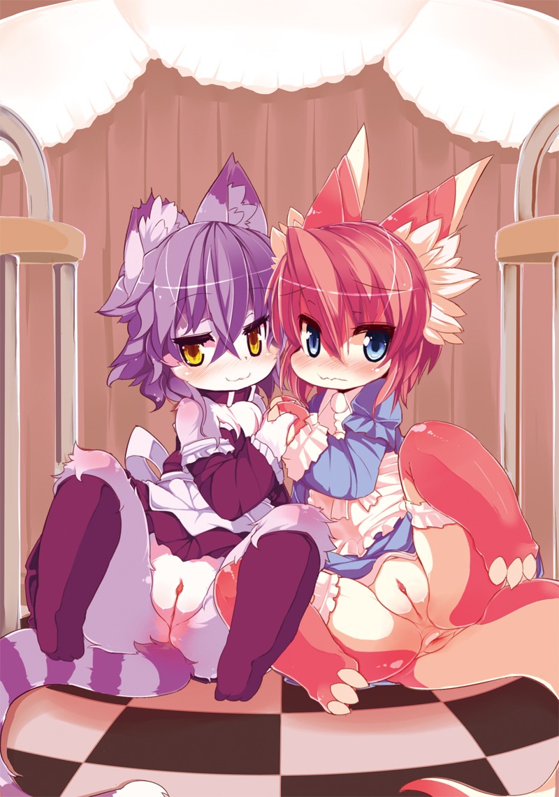 2012 anthro anus archived_source blush censor_removal_edit clitoris clothing collar domestic_cat dragon duo e621 felid feline felis female genitals hair hand_holding kemono legwear loli looking_at_viewer maid_uniform mammal mythological_creature mythological_scalie mythology notched_ear nyankone presenting presenting_vulva purple_hair reclining red_hair ribbons scalie spread_legs spreading stockings tail text third-party_edit uniform vulva yellow_eyes young young_anthro