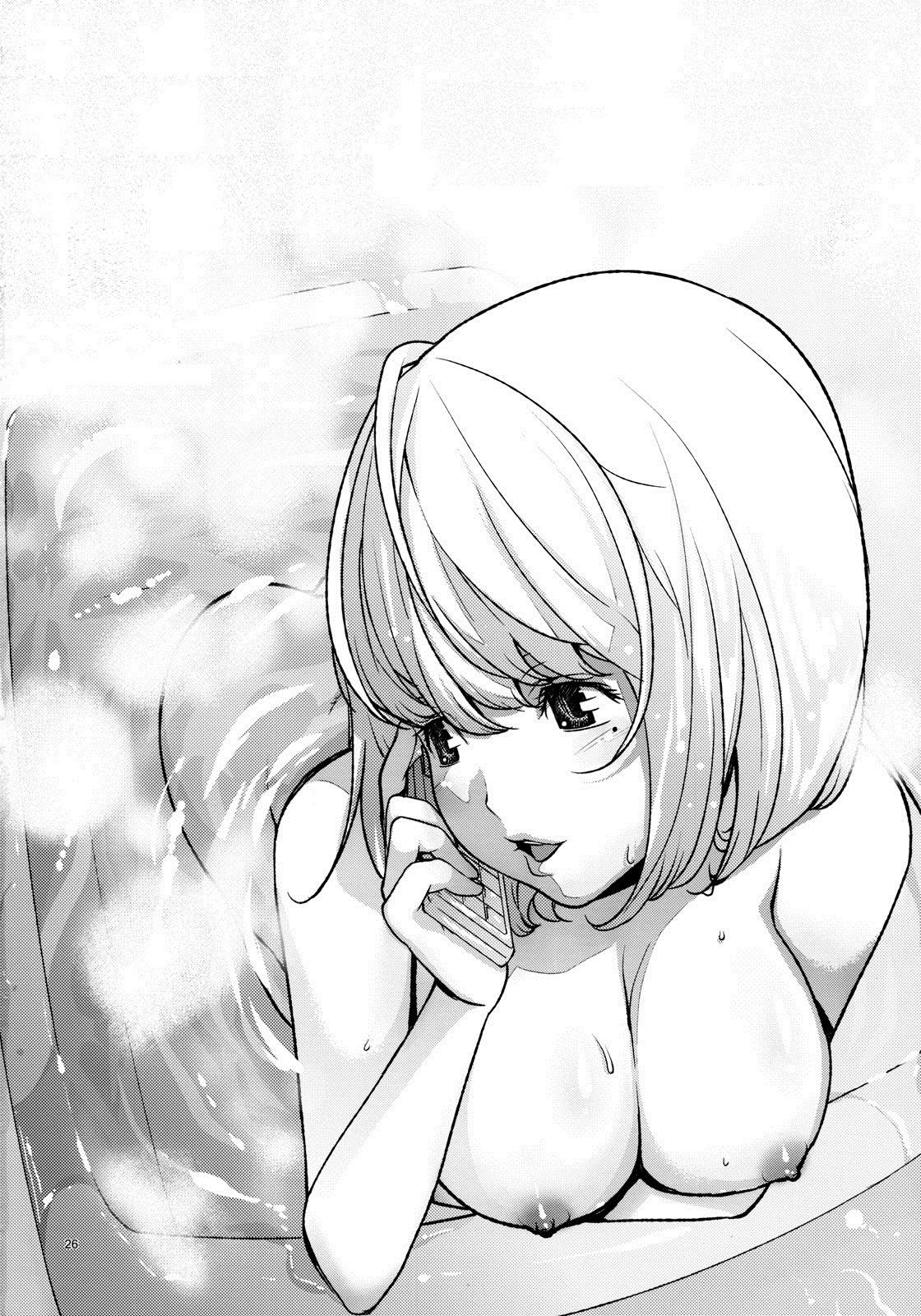 aoki_yuriko bakuman bathtub breasts female monochrome nipples nude on_the_phone rule34 tub water wet
