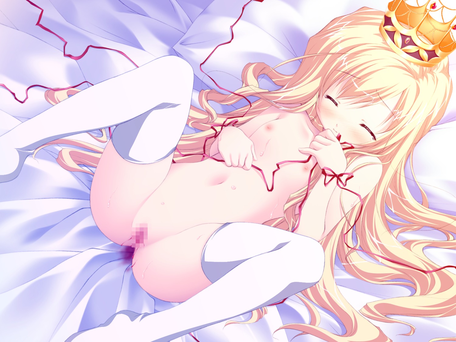1girls arietta_(lyrical_lyric) blonde_hair censored chikotam closed_eyes crown female game_cg highres long_hair lyrical_lyric mosaic_censoring nipples nude pussy ribbon rule34 solo thighhighs