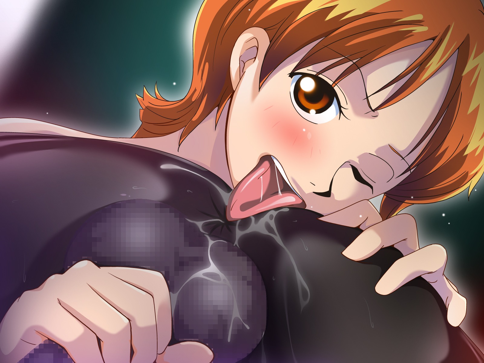 dark-skinned_male dark_skin female female_rimming female_rimming_male giken_shitsu gikenshitsu handjob interracial male male_rimmed nami_(one_piece) one_eye_closed one_piece pre-timeskip rimjob rimjob_face rimming rule34 wink