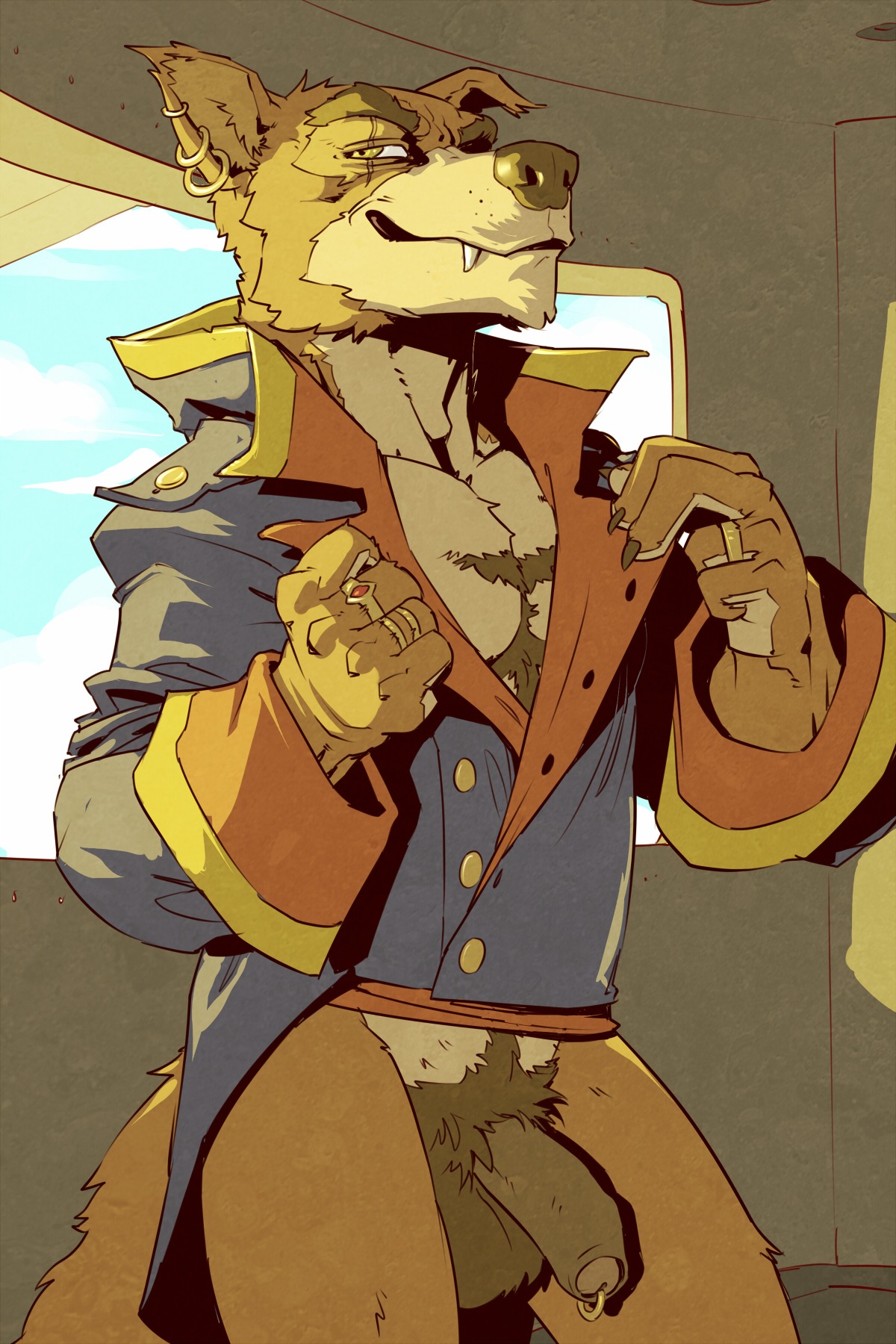 1boy anthro balls ballsack body_fur bottomless brown_fur canine chest_hair clothing cloud coat cute_fang disney don_karnage earring fluffy_tail foreskin forge_(artist) furry furry_balls half-erect humanoid_penis jewelry male male_only male_pubic_hair masculine mature_male no_humans partially_retracted_foreskin penis penis_piercing piercing prince_albert_piercing pubes pubic_hair retracted_foreskin ring rule34 scrotum smooth_penis solo talespin testicles thewielder uncircumcised uncut undressing window yellow_eyes