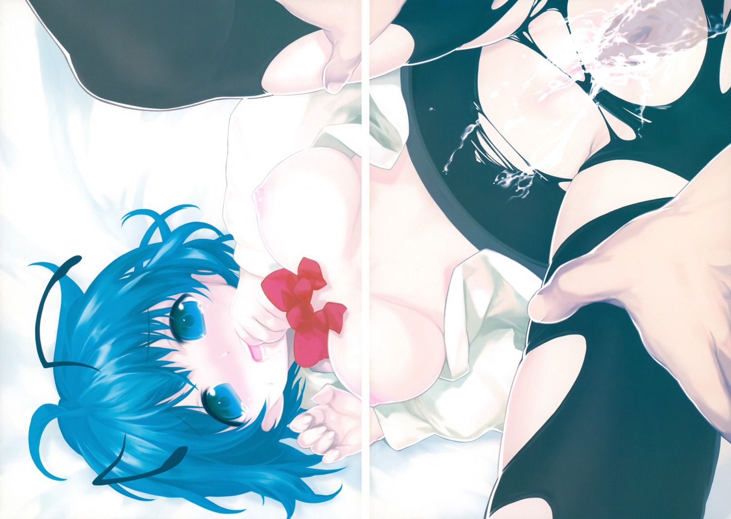 antennae aqua_eyes aqua_hair black_legwear bow breasts cum cum_inside female highres itou_life large_breasts male medium_breasts nipples no_bra open_clothes open_shirt pantyhose penis pussy rule34 scan sex shirt short_hair solo torn_pantyhose touhou uncensored vaginal_penetration wriggle_nightbug