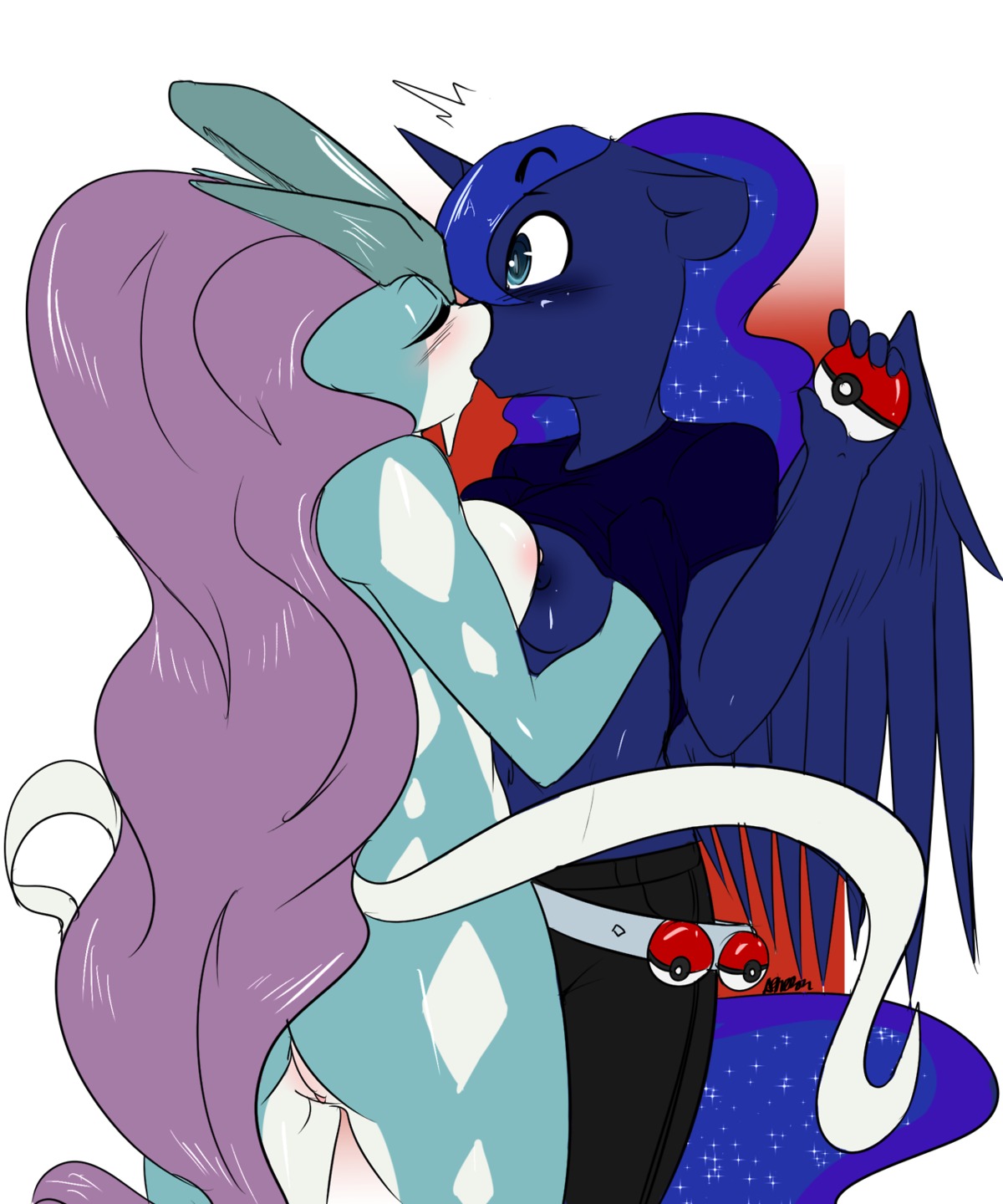 2013 5:6 anthro anthro_on_anthro anthrofied avante92 biped blue_body blue_eyes blue_hair blush breast_squish breasts breasts_frottage butt clothed clothing clothing_lift crossover digital_drawing_(artwork) digital_media_(artwork) duo e621 equid equine eyes_closed feathered_wings feathers female female/female friendship_is_magic generation_2_pokemon genitals hair hasbro hi_res horn horse kiss_on_lips kissing legendary_pokemon long_hair mammal my_little_pony nintendo nude pokeball pokemon pokemon_(species) pokemorph pony princess_luna_(mlp) shirt shirt_lift simple_background squish standard_pokeball suicune surprise_kiss surprised topwear vulva white_background wing_boner wings