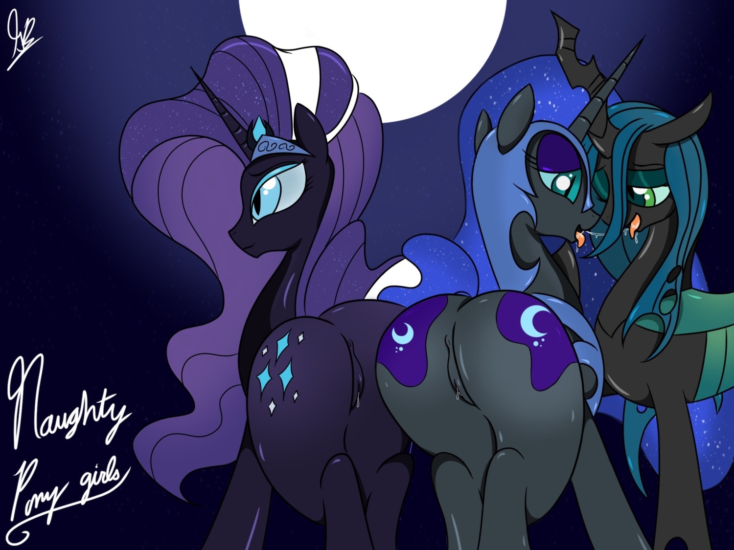 2013 4:3 anus arthropod big_butt black_body blue_eyes bodily_fluids bronypanda butt changeling_(mlp) crown cutie_mark digital_media_(artwork) dripping e621 equid equine female female/female feral french_kissing friendship_is_magic genital_fluids genitals green_eyes group hasbro headgear hi_res horn idw_publishing kissing mammal my_little_pony my_little_pony_(idw) mythological_creature mythological_equine mythology night nightmare_moon_(mlp) nightmare_rarity_(idw) open_mouth outside pupils queen_chrysalis_(mlp) rear_view saliva saliva_string slit_pupils smile tiara tongue tongue_out unicorn vaginal_fluids vulva