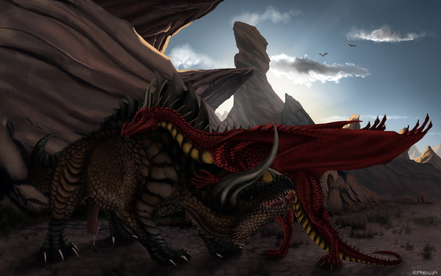 16:10 2013 amber_eyes bodily_fluids brown_body claws conditional_dnp cum cum_string dradmon dragon drooling duo e621 erection european_mythology fangs fellatio feral feral_on_feral genital_fluids genitals hi_res horn licking male male/male male_penetrated male_penetrating male_penetrating_male membrane_(anatomy) membranous_wings mythological_creature mythological_scalie mythology nude oral oral_penetration outside penetration penile penis precum saliva scales scalie sex sharp_teeth spikes syntakkos tail teeth tongue tongue_out torgon western_dragon widescreen wings