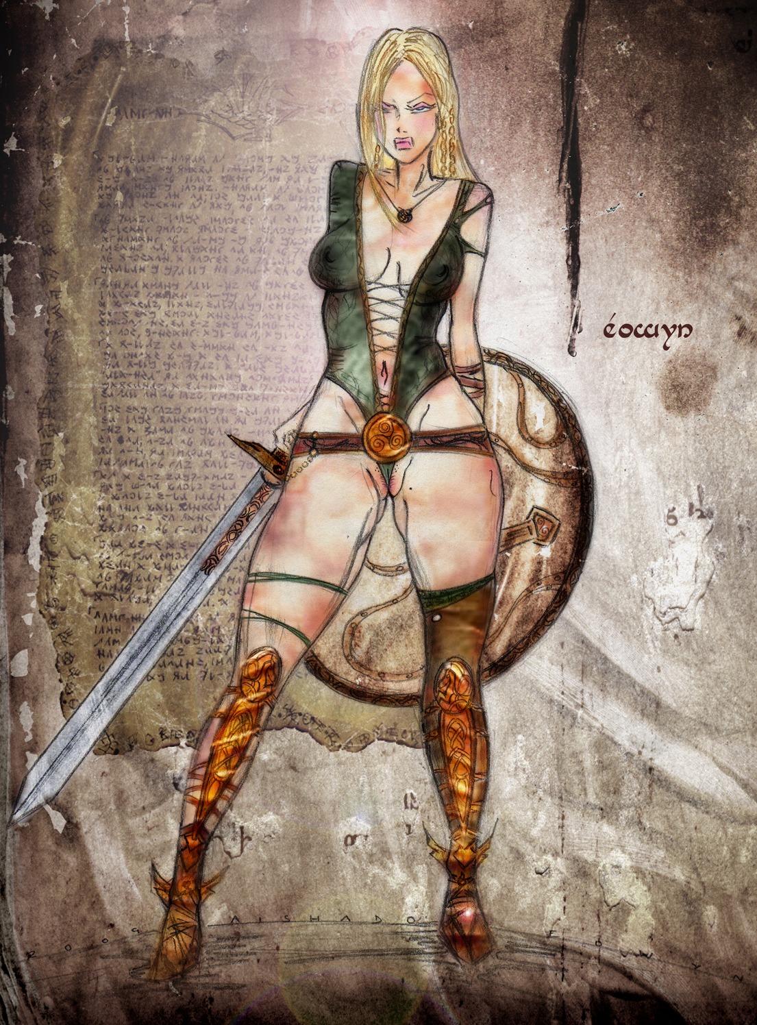1girls 2d aishado breasts eowyn female female_only female_pubic_hair female_warrior human human_female lord_of_the_rings nipples nipples_visible_through_clothing pubic_hair pubic_stubble pussy rule34 solo solo_female sword text