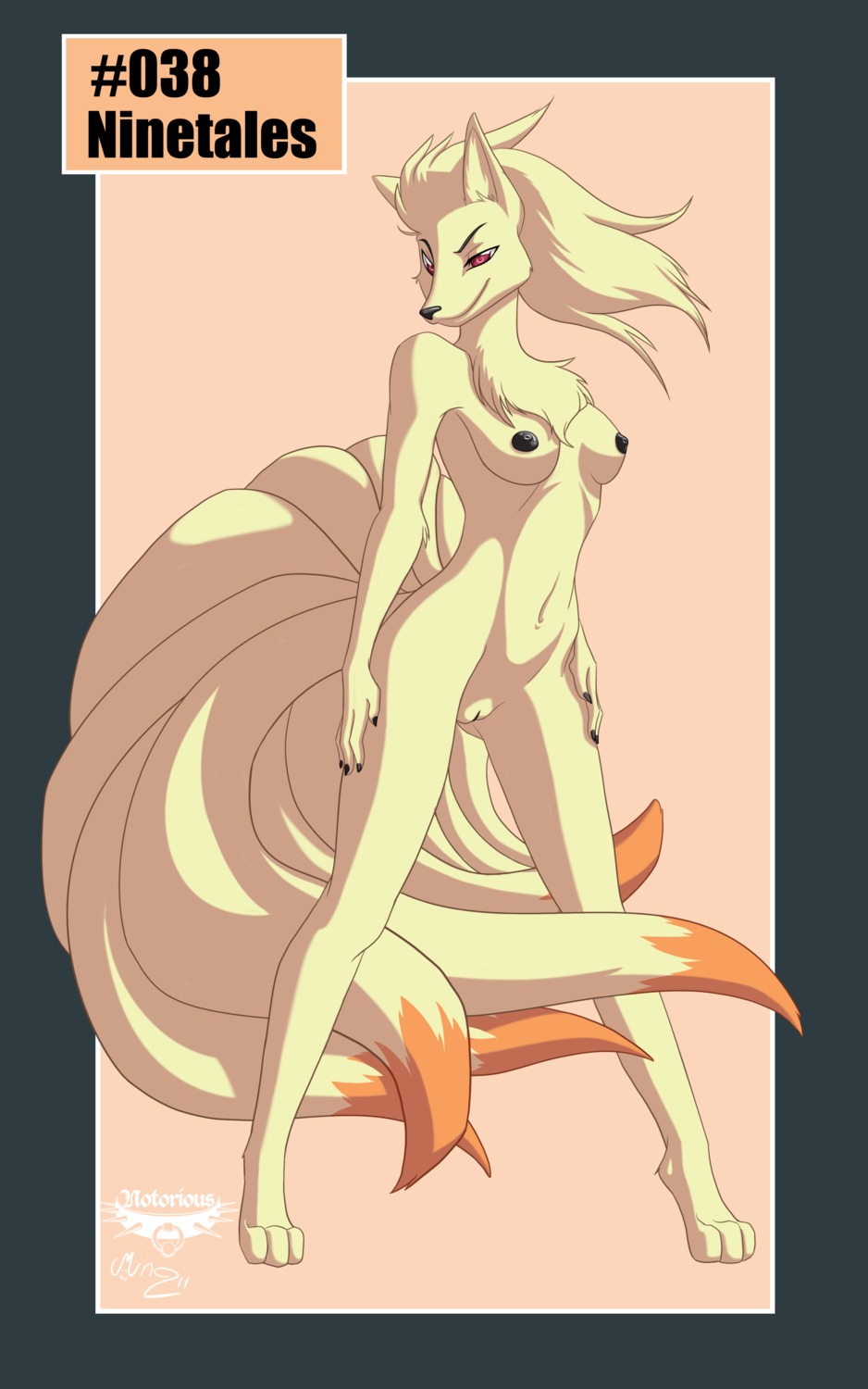 2011 5:8 absurd_res anthro anthrofied artist_collaboration biped black_nipples black_nose black_vulva breasts canid canine chest_tuft digitigrade e621 female fur generation_1_pokemon genitals hashtag hi_res id_number letterbox mammal mingchee multi_tail navel ninetales nintendo nipples notorious84 nude number pokemon pokemon_(species) pokemorph red_eyes solo species_name standing tail text the_pokedex_project tuft vulva