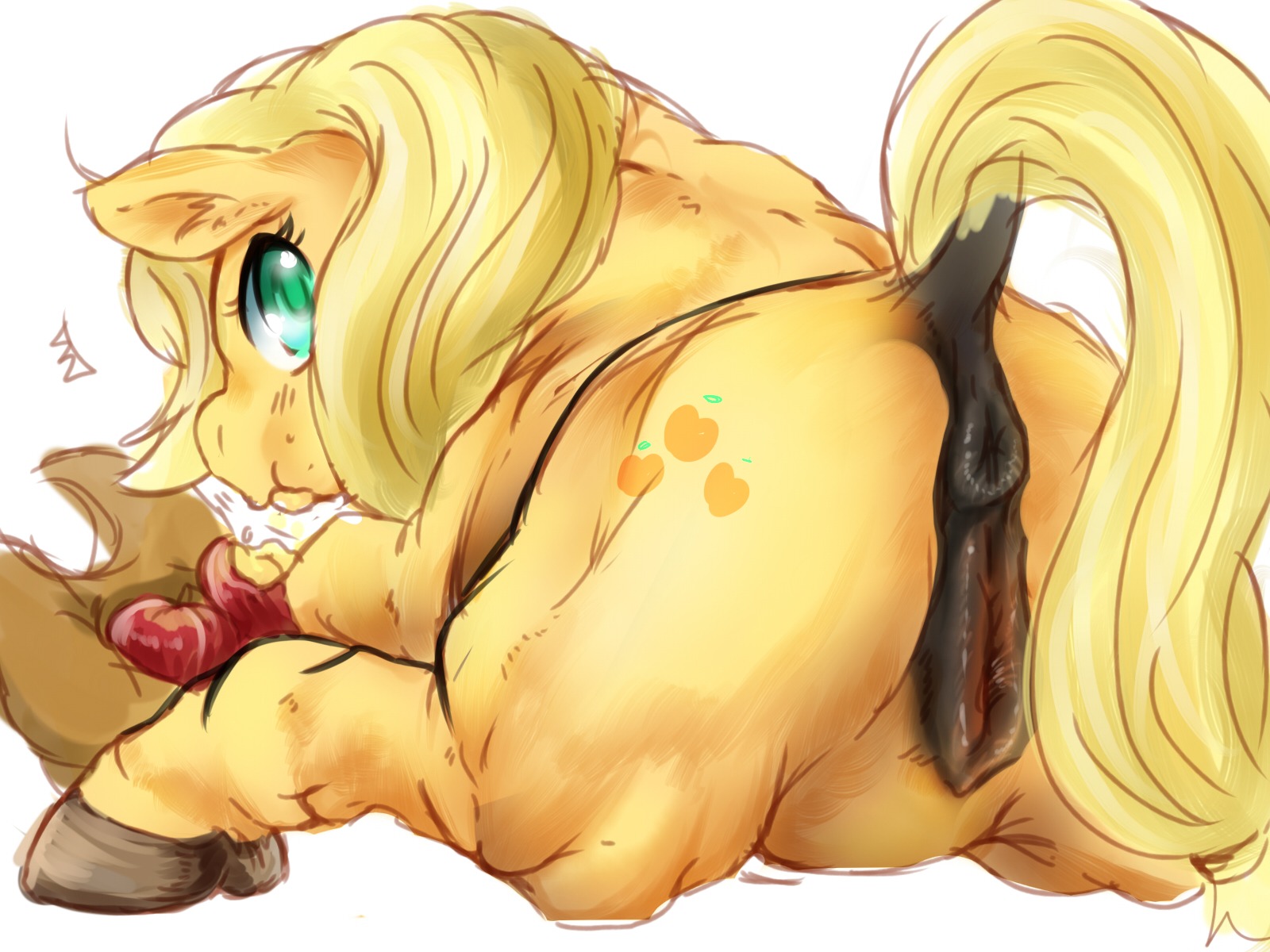 2013 4:3 anatomically_correct anatomically_correct_genitalia anatomically_correct_vulva animal_genitalia animal_vulva anus apple applejack_(mlp) blonde_hair clothing cowboy_hat cutie_mark darkened_genitalia digital_media_(artwork) e621 earth_pony eating equid equine equine_genitalia equine_vulva eyelashes female feral food friendship_is_magic fruit fur genitals green_eyes hair hasbro hat headgear headwear hi_res hooves horse inner_ear_fluff long_hair looking_at_viewer looking_back lying mammal my_little_pony nabesiki nude on_front orange_body orange_fur plant pony puffy_anus rear_view simple_background solo tail tuft vulva white_background yellow_tail