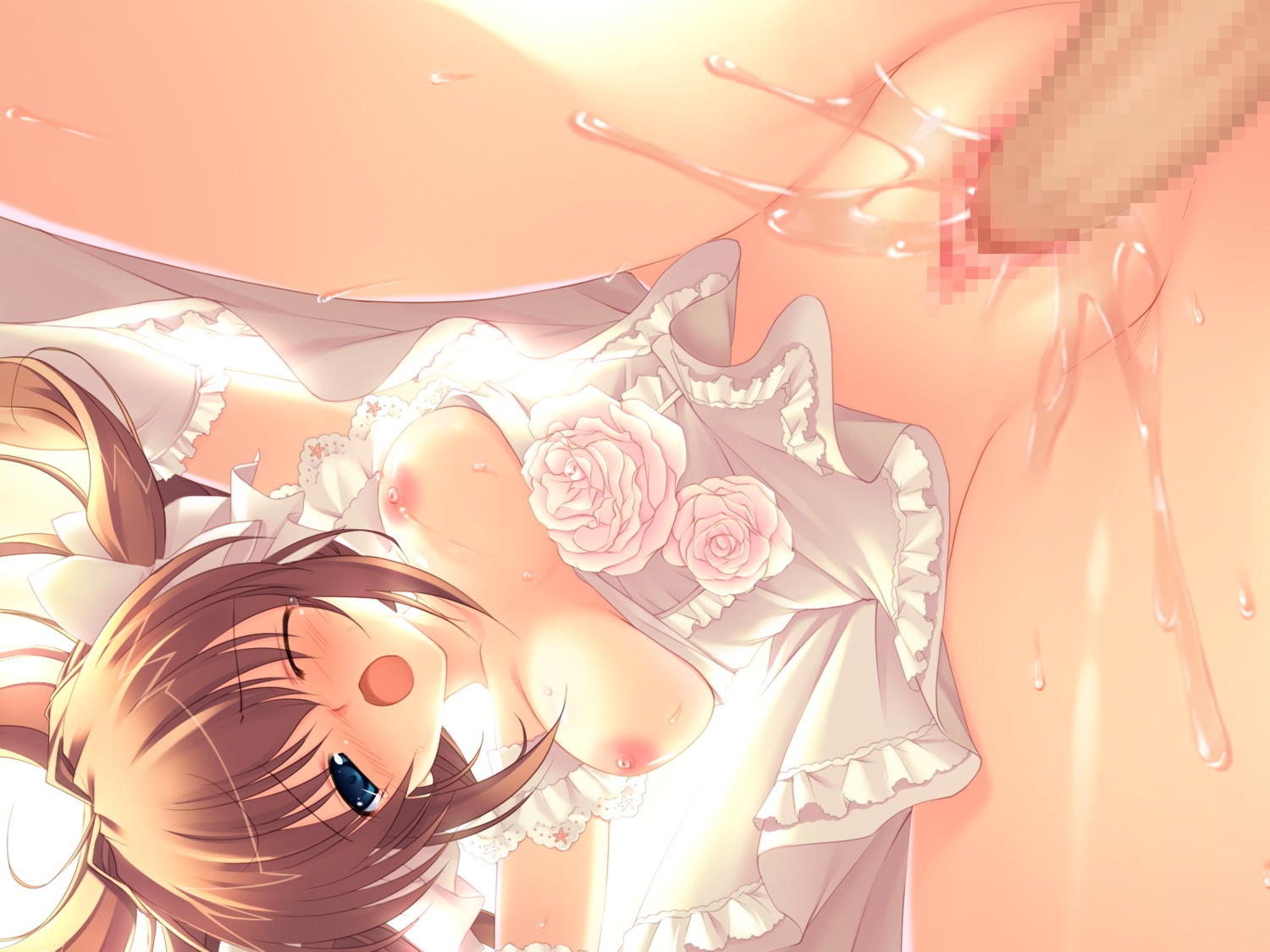 blue_eyes blush breasts brown_hair censored female game_cg male mikeou mirai_asuka nanairo_kouro nipples penis pussy pussy_juice rule34 sex wet