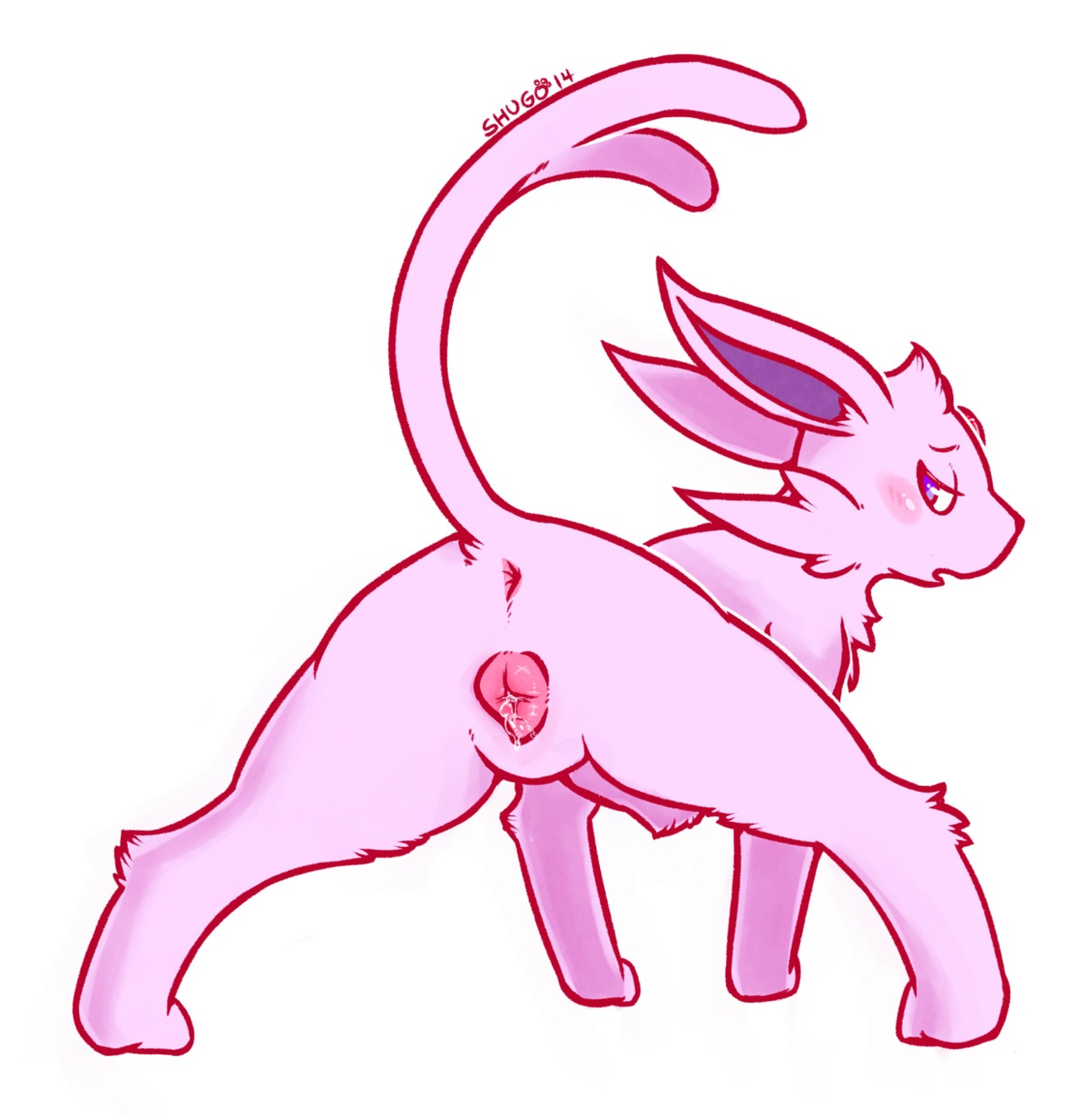 2014 all_fours anatomically_correct anatomically_correct_genitalia anatomically_correct_vulva animal_genitalia animal_vulva anus barefoot blush bodily_fluids butt canid canine canine_genitalia canine_vulva digital_media_(artwork) e621 eeveelution espeon feet female feral fur generation_2_pokemon genital_fluids genitals half-closed_eyes hi_res long_ears looking_back mammal narrowed_eyes nintendo nude open_mouth pokemon pokemon_(species) shugowah solo spread_legs spreading standing vaginal_fluids vulva