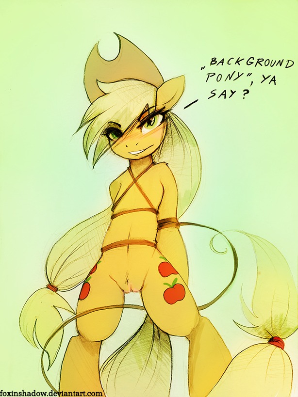 2013 anthro applejack_(mlp) biped blonde_hair blush bound clothing cowboy_hat cutie_mark dialogue e621 earth_pony english_text equid equine female foxinshadow friendship_is_magic fur genitals green_background green_eyes hair hands_behind_back hasbro hat headgear headwear horse mammal my_little_pony navel orange_body orange_fur pony rope simple_background smile solo standing submissive submissive_female teeth text traditional_media_(artwork) url vulva