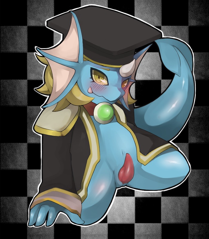 2014 animal_genitalia anthro aquatic aquatic_dragon biped blue_body blue_skin blush bushiroad checkered checkered_background chibi clothed clothing coat dragon e621 erection eyelashes frill_(anatomy) future_card_buddyfight genital_slit genitals hair happy hat headgear headwear horn kemono licking licking_lips licking_own_lips looking_at_viewer male membrane_(anatomy) membranous_frill mythological_creature mythological_scalie mythology navel partially_clothed pattern_background penis qinus_axia red_penis sarmon scalie self_lick sharp_teeth short_hair simple_background sitting smile solo square_academic_cap tail tapering_penis teeth tongue tongue_out topwear wariza