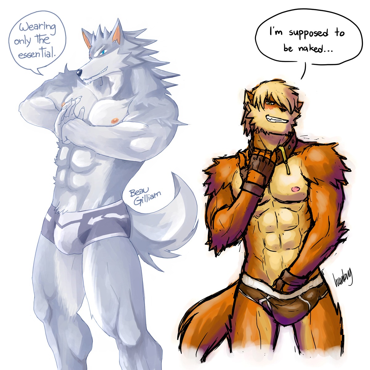 1:1 abs anthro beaugilliam blue_eyes bottomwear briefs bulge canid canine canis claws clothed clothing collar detailed_bulge dialogue domestic_dog duo e621 english_text fangs fingerless_gloves front_view fur genital_outline gloves green_eyes grin hair hand_in_underwear handwear hi_res hibuki_crossbone humbuged looking_at_viewer male mammal muscular nipples pecs penis_outline piercing pink_nipples pose seductive short_hair shorts simple_background smile standing tail teeth text topless underwear undressing white_background wolf