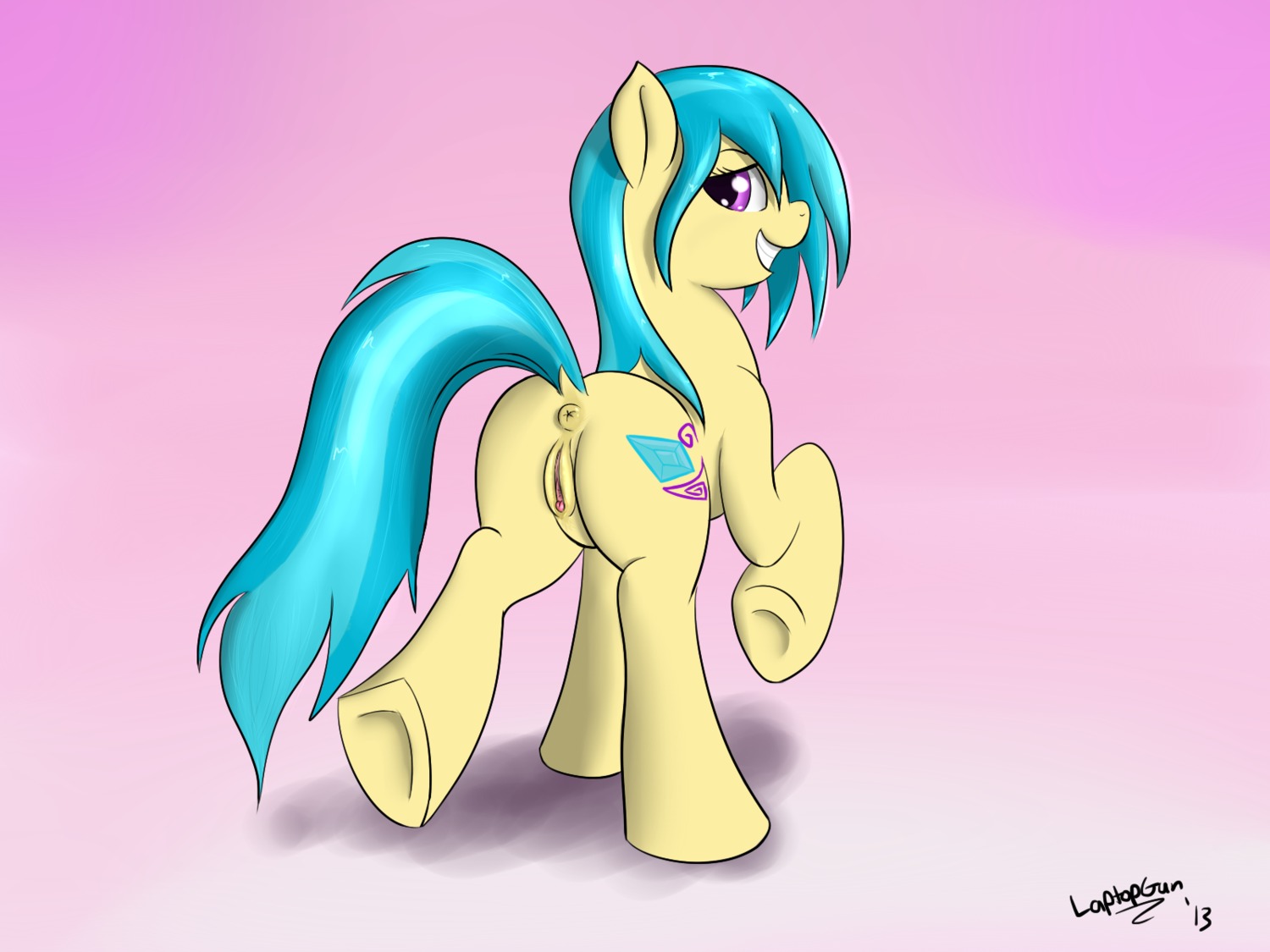 4:3 anus blue_hair butt cutie_mark e621 earth_pony equid equine fan_character female feral genitals hair hasbro hi_res horse laptopgun looking_back mammal mane my_little_pony pony presenting purple_eyes raised_tail smile solo tail vulva