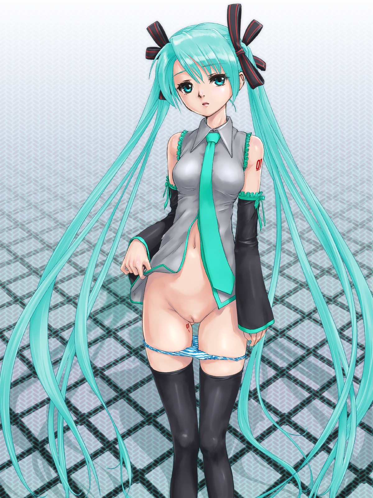 1girl aqua_eyes aqua_hair bottomless detached_sleeves female hair_ribbon hatsune_miku high_resolution innie_pussy legs lips long_hair navel necktie panties panty_pull pussy rasukaru ribbon rule34 solo striped striped_panties thighhighs tied_hair twintails uncensored underwear very_long_hair vocaloid