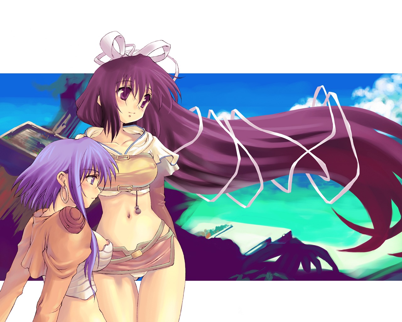 2girls areola_slip areolae breasts clothing female female_only hair_ribbon hunter hunter_(ragnarok_online) long_hair magenta_eyes magenta_hair medium_breasts midriff morii_shizuki multiple_females multiple_girls nipple_slip panties purple_eyes purple_hair ragnarok_online ribbon rule34 skirt thief thief_(ragnarok_online) wallpaper