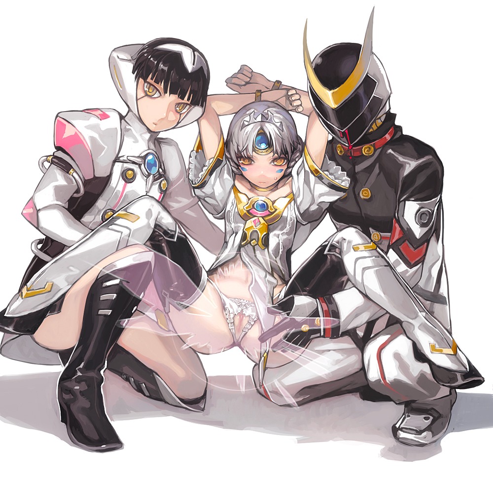 arms_up black_hair blood boots bracelet code_empress crotchless_panties elsword eve_(elsword) facial_mark female forehead_jewel helmet jewelry knee_boots looking_at_viewer nosebleed oberon_(elsword) ophelia_(elsword) panties presenting pussy rule34 silver_hair spread_legs underwear yellow_eyes