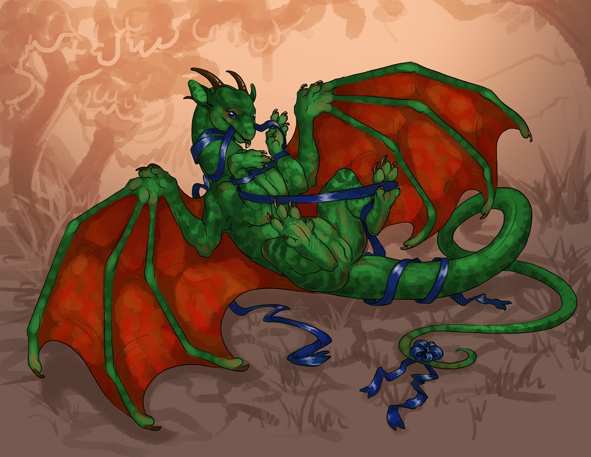 2013 acidapluvia dragon e621 female feral genitals green_body green_scales horn lying membrane_(anatomy) membranous_wings mythological_creature mythological_scalie mythology ngarewyrd on_back ribbons scales scalie solo spread_legs spreading tail teats vulva wings