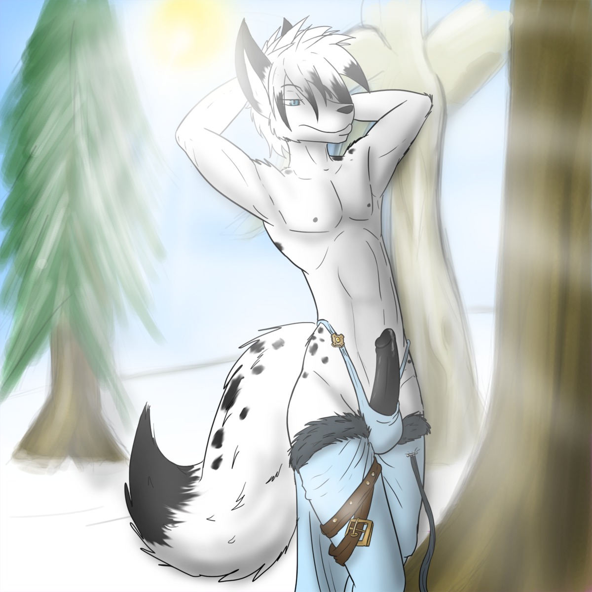1:1 anthro biped black_penis blue_eyes bodily_fluids bulge clothed clothing crossdressing digital_media_(artwork) dipstick_tail e621 erection femboy fur genital_fluids genitals hair hi_res legwear makarimorph male markings outside penis plant precum raised_arm solo standing stockings tail tail_markings thong tree underwear white_body white_fur white_hair wood