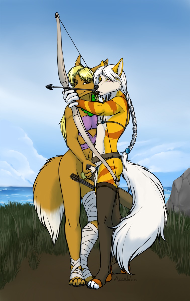 2013 accelo aiming animal_genitalia anthro anthrofied arcanine arrow_(weapon) bandage black_nose black_penis blonde_hair blush bottomless bow_(weapon) braided_hair brown_body brown_fur canid canine claws clothed clothing cloud dipstick_tail duo e621 ear_piercing eyes_closed fangs feet female fondling fur generation_1_pokemon genitals grass hair hi_res holding_object holding_weapon jewelry lane_(accelo) leg_wrap legwear lipsticking long_hair male mammal markings multicolored_tail navel navel_piercing necklace nintendo open_mouth orange_body orange_fur outside penis penis_poking_out penis_tip piercing plant plantigrade pokemon pokemon_(species) pokemorph ponytail pubes quiver_(object) ranged_weapon rock sea sheath sheath_poking_out sky standing tail tail_markings tan_body tan_fur teeth toeless_(marking) two_tone_tail vulva water weapon white_hair white_sheath yellow_body yellow_fur