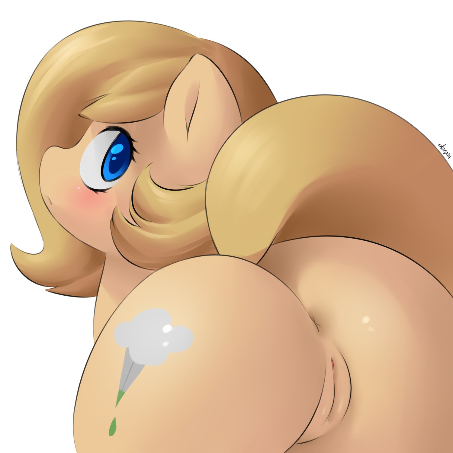 1:1 absurd_res anus backy_(ask-backy) blue_eyes blush brown_hair butt cutie_mark digital_media_(artwork) e621 earth_pony equid equine fan_character female feral genitals hair hasbro hi_res horse looking_at_viewer looking_back mammal marblesoda my_little_pony pony raised_tail rear_view shaded simple_background solo tail vulva white_background