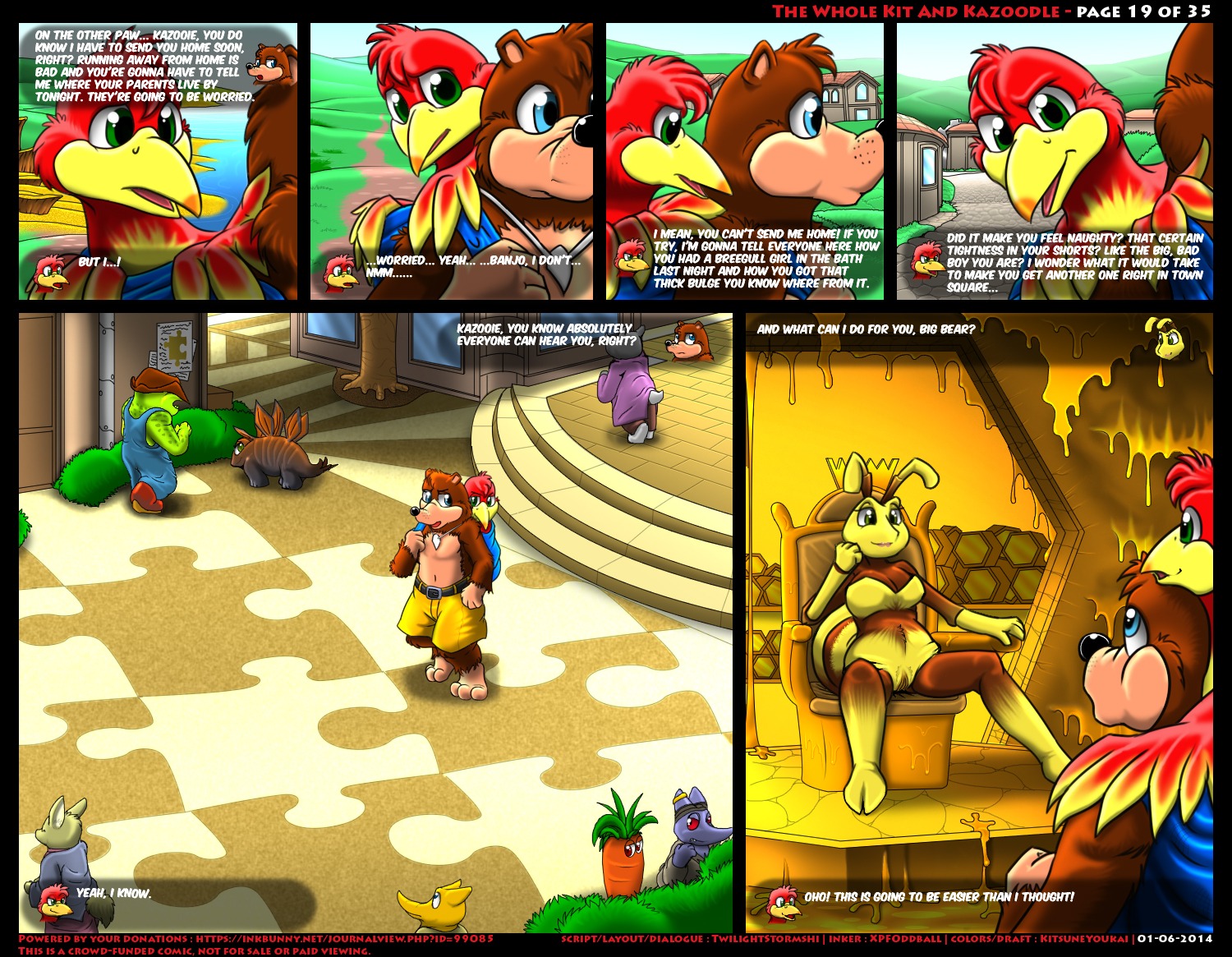 2014 antennae_(anatomy) arthropod avian backpack banjo-kazooie banjo_(banjo-kazooie) bargasaurus_(banjo-kazooie) beach beak bear bee billy_bob_(banjo-kazooie) bird blue_eyes bottomwear breasts breegull brown_body brown_fur building carrot chair clothed clothing comic container dialogue dinosaur dirty_talk e621 ear_piercing english_text feathers female feral food food_creature fur furniture genitals goblin green_eyes group grublin_(banjo-kazooie) honey_(food) honey_b._(banjo-kazooie) honey_bee house humanoid hymenopteran in_bag in_container insect inside jewelry jiggy jinjo kazooie kitsune_youkai lagomorph leporid male mammal mature_female minjo mother_(lore) necklace non-mammal_breasts nude ornithischian outside overalls parent_(lore) piercing pipe plant poster prehistoric_species presenting puzzle_piece rabbit rareware red_eyes reptile rhinoceros scalie sea seaside seductive shorts spread_legs spreading stairs stegosaurian text throne thyreophoran topless topper_(banjo-kazooie) town twilightstormshi vegetable vulva water