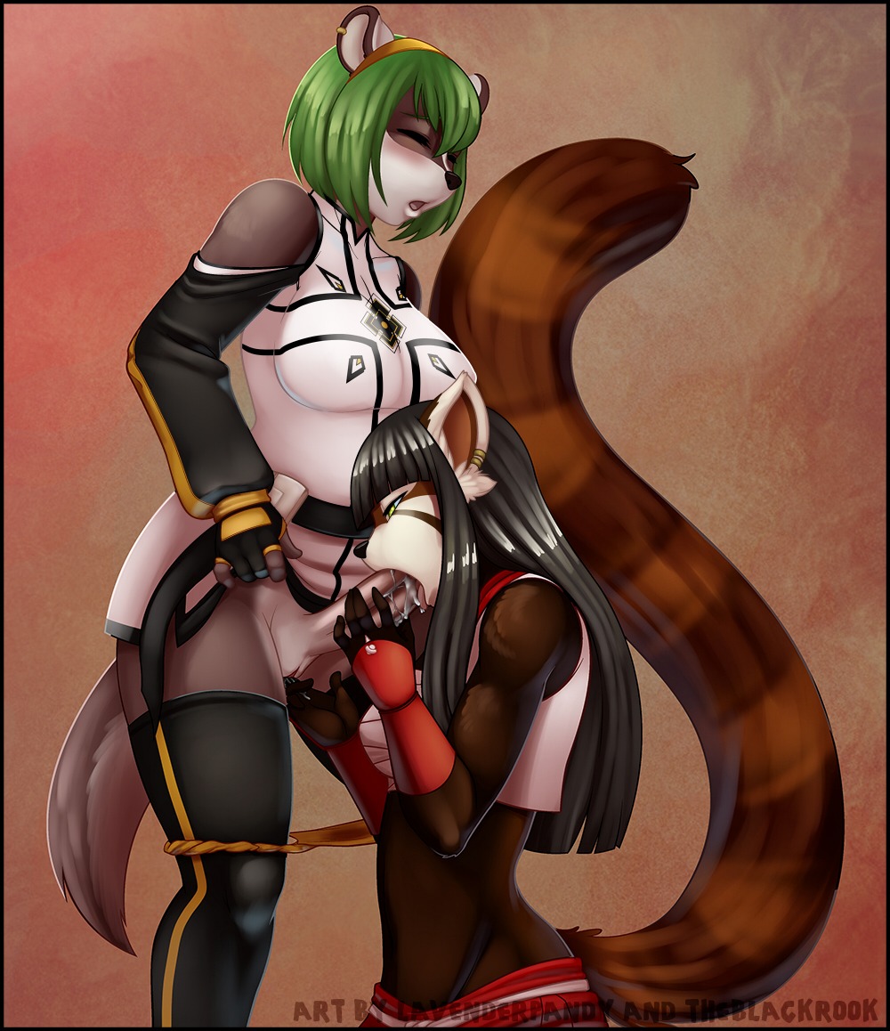 2014 ailurid anthro badger black_hair black_nose blush breasts clothed clothing digital_media_(artwork) duo e621 ear_piercing erection eyes_closed fellatio female female_fingering female_fingering_herm fingering genitals gloves green_hair hair handwear herm herm/female herm_fingered herm_penetrating intersex intersex/female intersex_penetrating legwear long_hair mammal mustelid musteline nanase open_mouth oral oral_penetration penetration penile penis piercing raised_tail red_panda sackless sayuri sex short_hair standing stockings tail theblackrook vulva