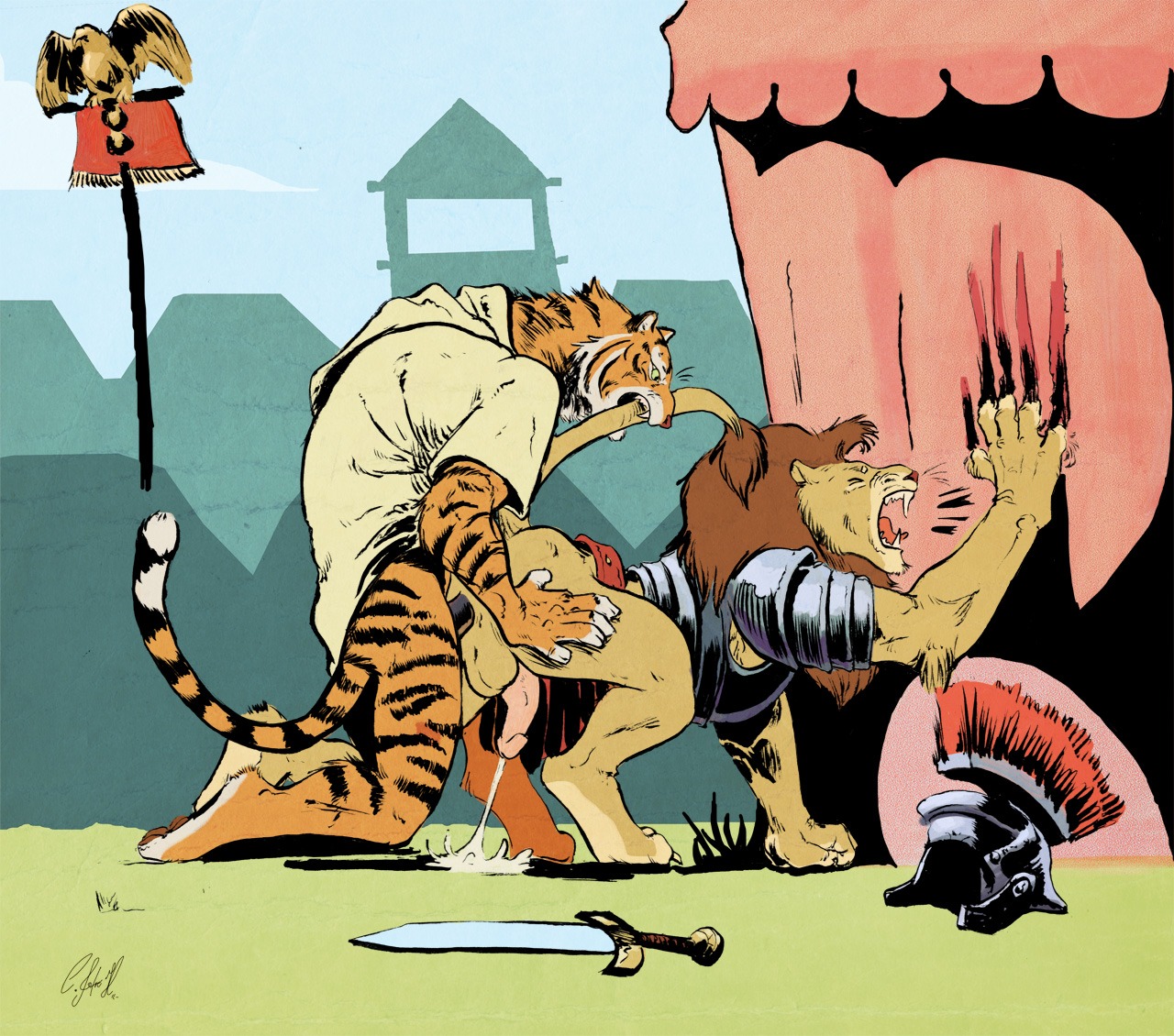 all_fours anal anal_penetration anthro armor balls bite bodily_fluids bottomless clothed clothing cum cum_while_penetrated curved_penis doggystyle duo e621 ejaculation erection felid from_behind_position genital_fluids genitals half-erect hands-free lion male male/male male_penetrated male_penetrating male_penetrating_male mammal negy orgasm pantherine penetration penis sex tail tail_bite tail_fetish tail_in_mouth tail_play tiger