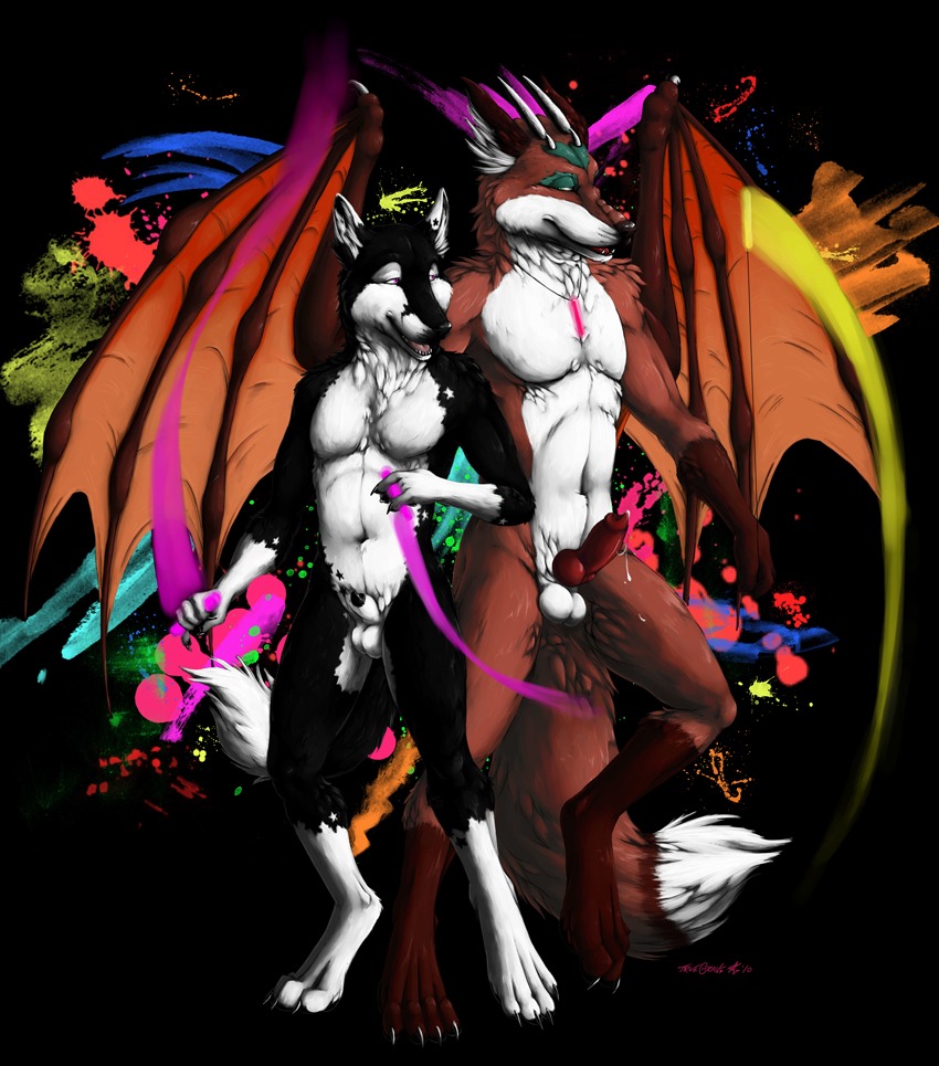 2010 animal_genitalia animal_penis anthro balls black_body black_fur black_pawpads black_penis bodily_fluids brown_body brown_fur canid canine canine_genitalia canine_penis colorful_theme countershading cum duo e621 erection frutiger_metro fur genital_fluids genitals glowstick green_eyes horn hybrid jewelry knot male male/male mammal membrane_(anatomy) membranous_wings milkyway_(truegrave9) necklace nude pawpads penis penis_tip rave red_eyes tail truegrave9 white_body white_fur wings y2k_(graphic_design)