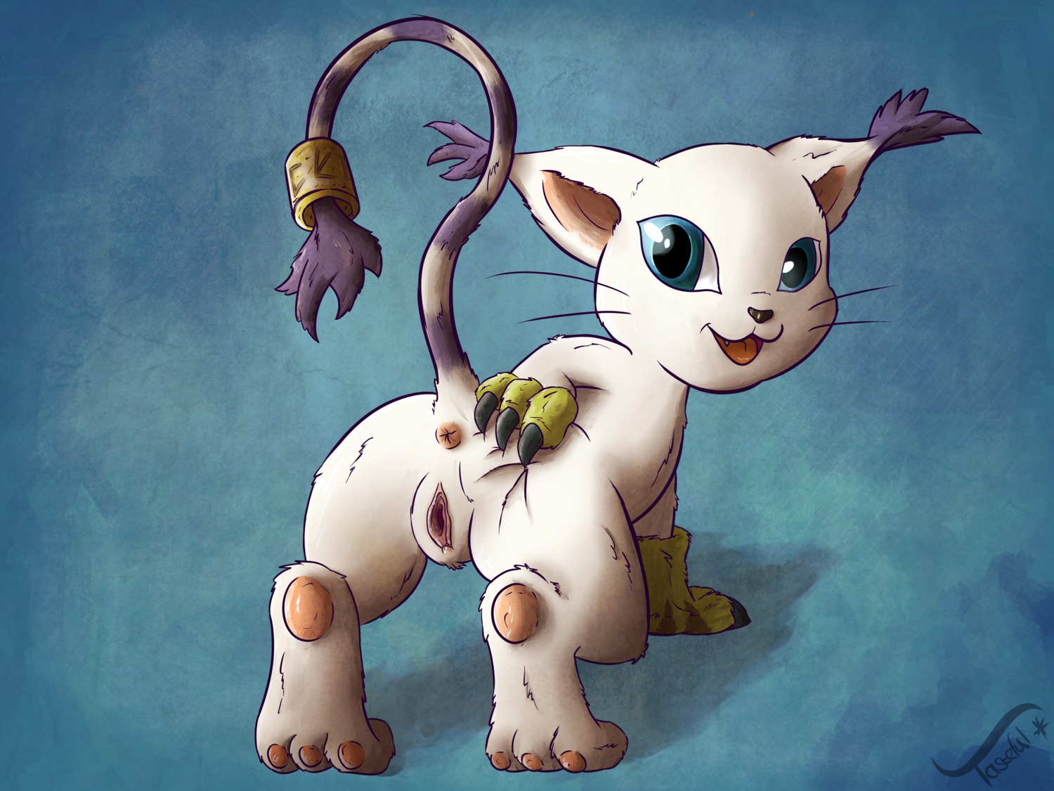 2013 4:3 absurd_res anus bandai_namco blue_eyes butt claws digimon digimon_(species) e621 ear_tuft feet felid female feral fur gatomon genitals hi_res hindpaw looking_at_viewer looking_back mammal pawpads paws presenting presenting_hindquarters presenting_vulva raised_tail solo tail tasteful-clopper tuft vulva white_body white_fur