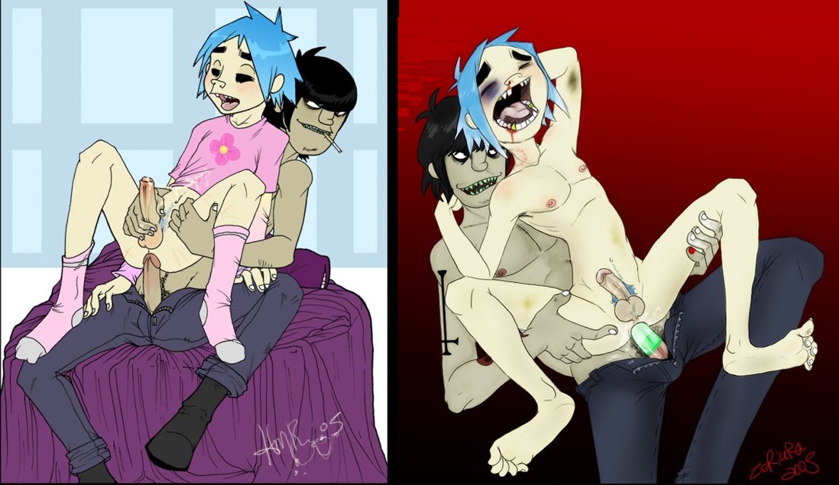 2005 2boys 2d_(gorillaz) gorillaz holly_massey male male_only murdoc_niccals penis rule34 upside_down_cross zeriara