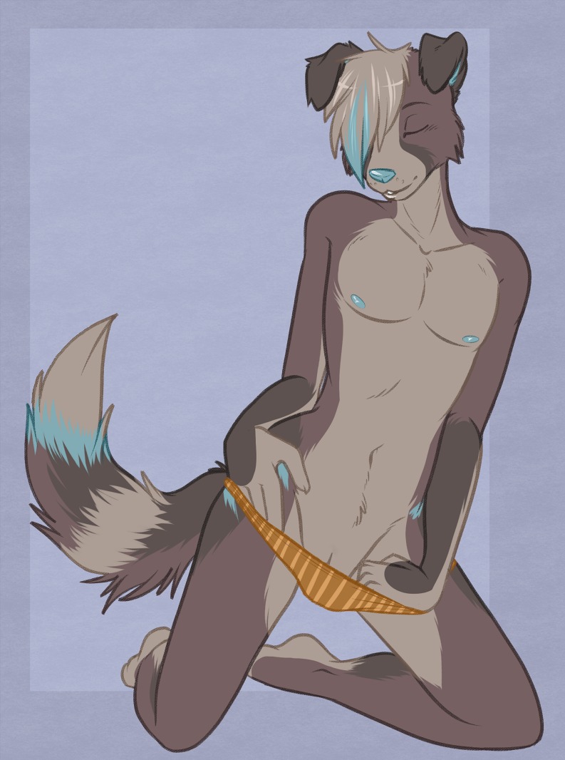 aeva andromorph andromorph_anthro anthro barely_visible_genitalia barely_visible_vulva blue_background blue_body blue_fur blue_hair canid canine canis clothing domestic_dog e621 eyes_closed fur genitals hair intersex intersex_anthro mammal navel nipples panties ryunwoofie seductive simple_background solo tail third-party_edit underwear undressing vulva