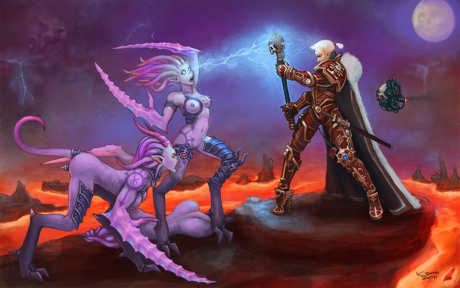 3girls chaos_(warhammer) chaos_daemon daemonette female female_only imperium_of_man inquisition_(warhammer_40k) inquisitor_(warhammer_40k) kano_kun power_armor psyker rule34 servo-skull slaanesh slaanesh_mark sword tagme warhammer_(franchise) warhammer_40k