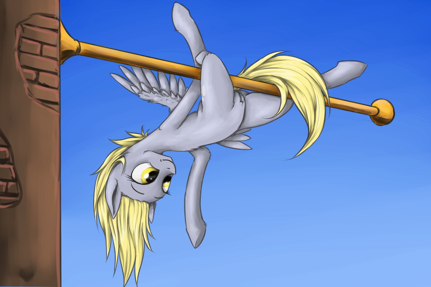 2013 3:2 blonde_hair cutie_mark derpy_hooves_(mlp) e621 equid equine feathered_wings feathers female feral friendship_is_magic fur genitals grey_body grey_feathers grey_fur hair hasbro madhotaru mammal my_little_pony mythological_creature mythological_equine mythology pegasus smile solo upside_down vulva wings yellow_eyes