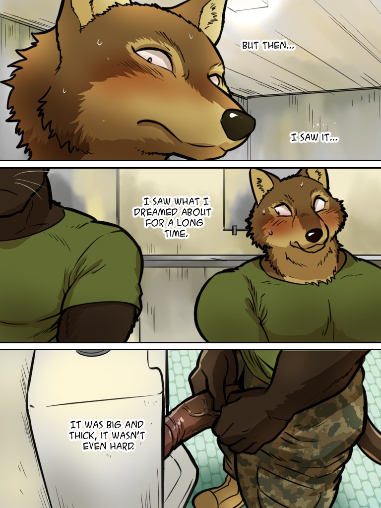2014 3:4 abs anthro army big_penis blush butt camo canid canine canis clothed clothing coal_(maririn) comic describing_penis describing_size describing_thickness duo e621 english_text felid fully_clothed fur genitals half-erect humanoid_genitalia humanoid_penis male male/male mammal maririn melanistic military mondo multiple_scenes muscular pantherine pecs penis penis_poking_out penis_through_fly text urinal urinal_peeking wolf