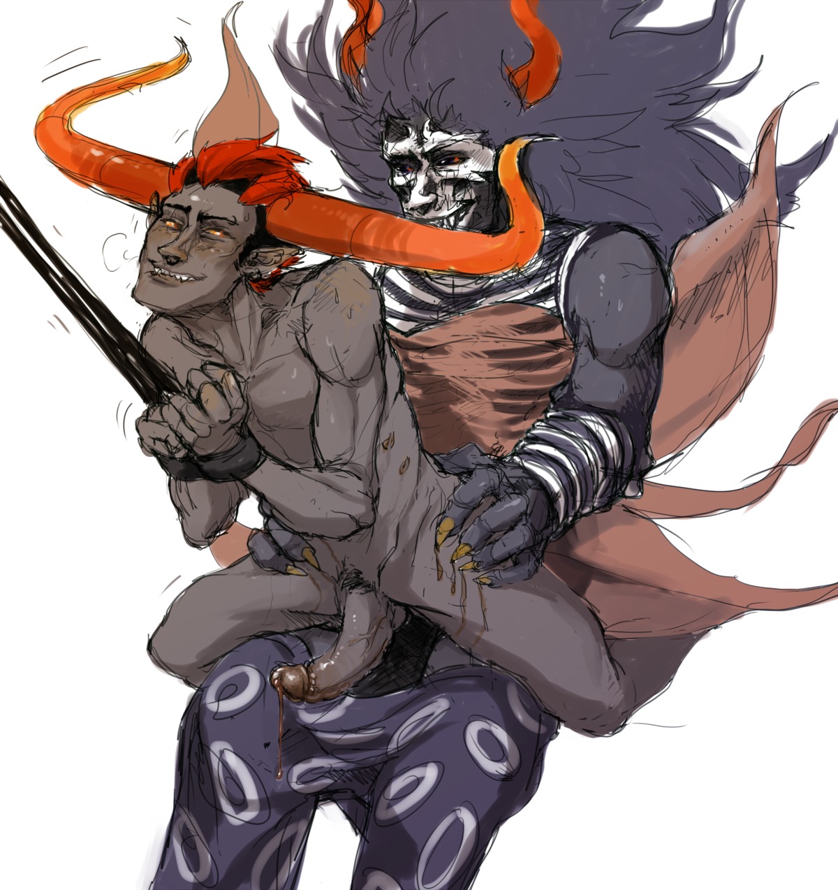 2boys anal ancestor_(homestuck) ancestors artist_request black_hair blood blush bondage dubious_consent facepaint gay grand_highblood grey_skin homestuck horns long_hair male ms_paint_adventures penis pointy_ears precum red_hair rope rule34 scratches sharp_teeth short_hair source_request the_summoner troll white_background wings yellow_eyes
