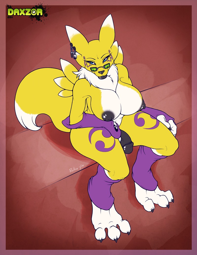 3_toes anthro bandai_namco biped black_nipples black_nose black_penis black_sclera blue_eyes breasts canid canine chest_tuft claws clothing daxzor digimon digimon_(species) digitigrade e621 ear_piercing eyewear feet fingerless_gloves fur genitals glasses gloves gynomorph half-erect handwear humanoid_genitalia humanoid_penis intersex looking_at_viewer mammal mostly_nude mostly_nude_anthro mostly_nude_gynomorph mostly_nude_intersex nipples penis piercing reiku renamon sitting solo tail toe_claws toes tuft white_body white_fur wide_hips yellow_body yellow_fur yin_yang