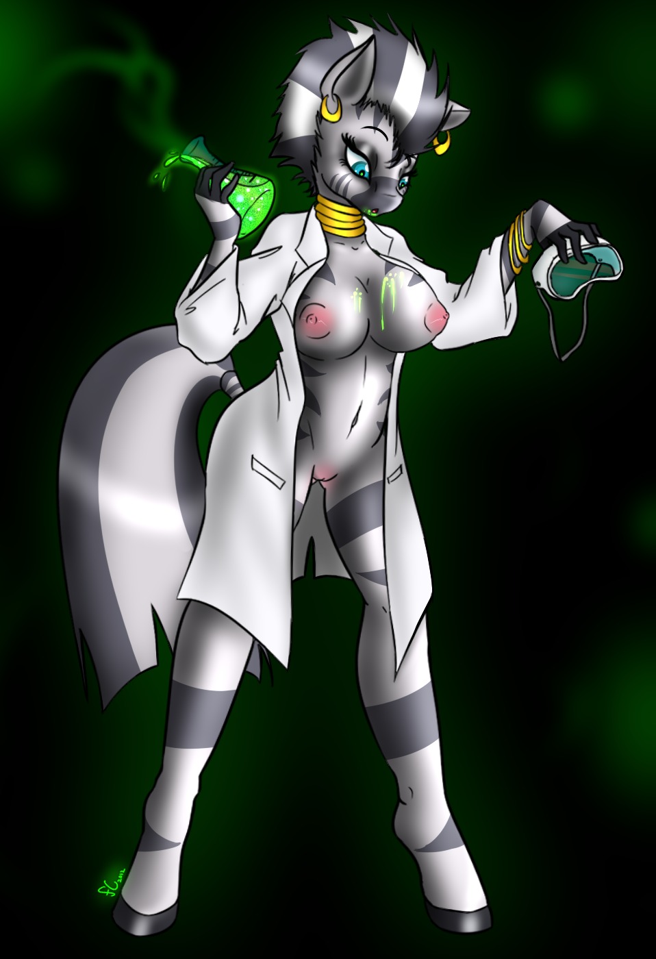 2012 anthro anthrofied bottle bracelet breasts clothing coat container e621 ear_piercing equid equine erlenmeyer_flask eyewear female friendship_is_magic genitals goggles gold_(metal) hair hasbro hi_res hooves jewelry lab_coat laboratory_equipment laboratory_glassware liquid mammal mrfatcakes multicolored_hair my_little_pony navel neck_ring nipples piercing potion scientific_instrument solo stripes tail teal_eyes topwear two_tone_hair vulva zebra zecora_(mlp)