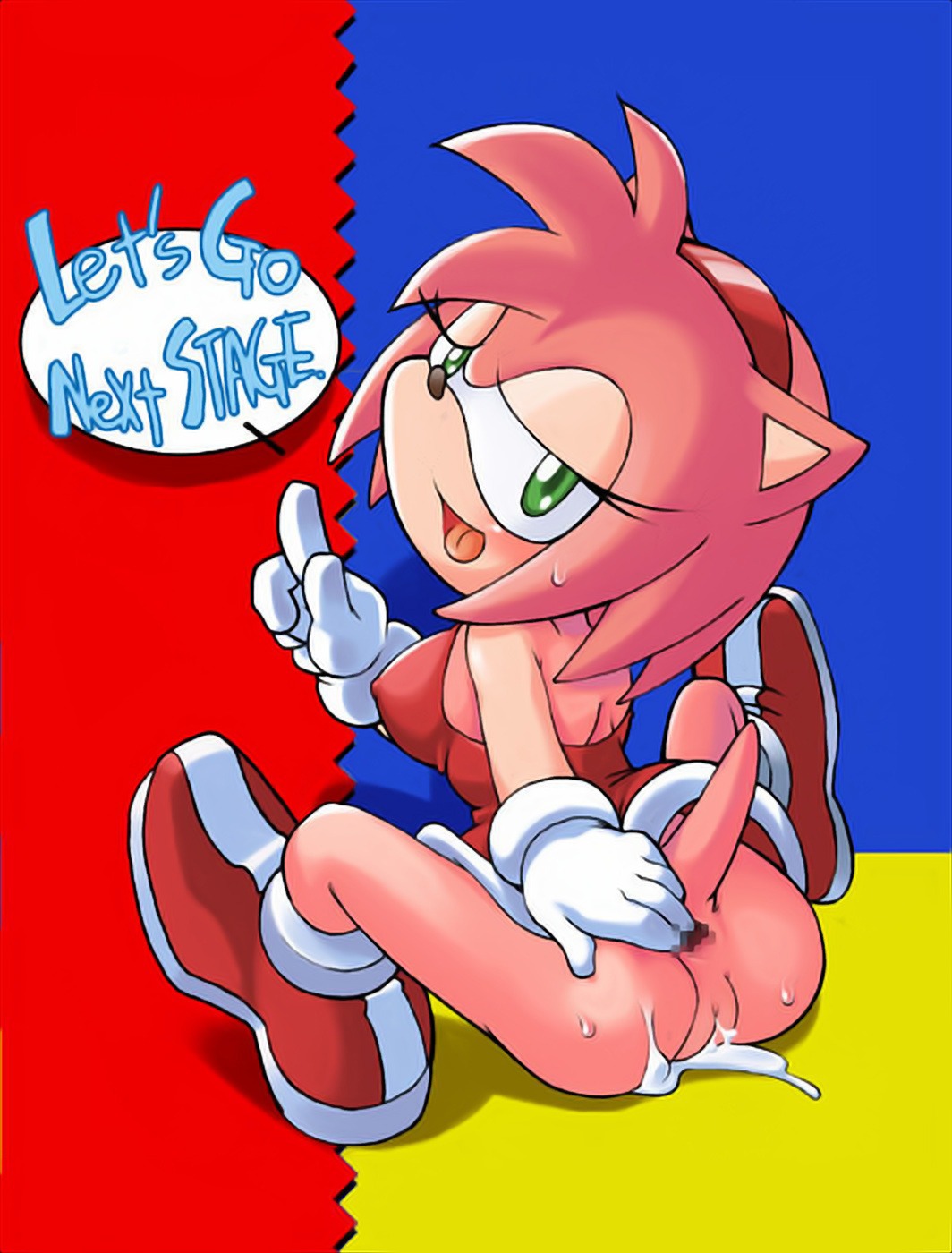 amy_rose anthro anus backless_clothing backless_dress big_eyes biped bodily_fluids clothed clothing clothing_lift cum dialogue dress dress_lift e621 english_text eulipotyphlan female footwear genital_fluids genitals gloves green_eyes hair handwear hedgehog hi_res looking_at_viewer mammal pink_body pink_hair sega shoes short_hair short_tail sitting solo sonic_the_hedgehog_(series) sweat tail text toony unknown_artist vulva