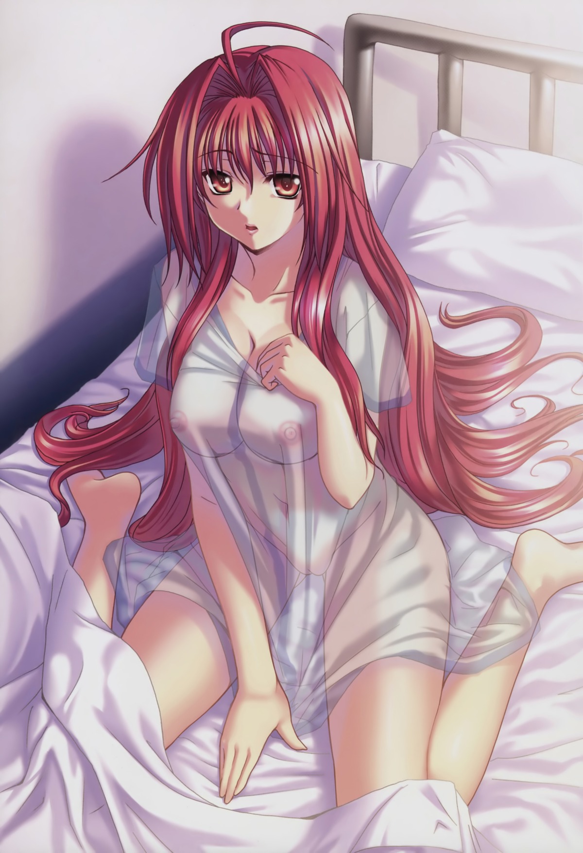 ahoge bed breasts brown_eyes cleavage corticarte_apa_lagranges female highres hyperdimension_neptunia kannatsuki_noboru kneeling long_hair open_mouth oversized_clothes photoshop pussy red_hair rule34 see-through sheer shinkyoku_soukai_polyphonica t-shirt very_long_hair