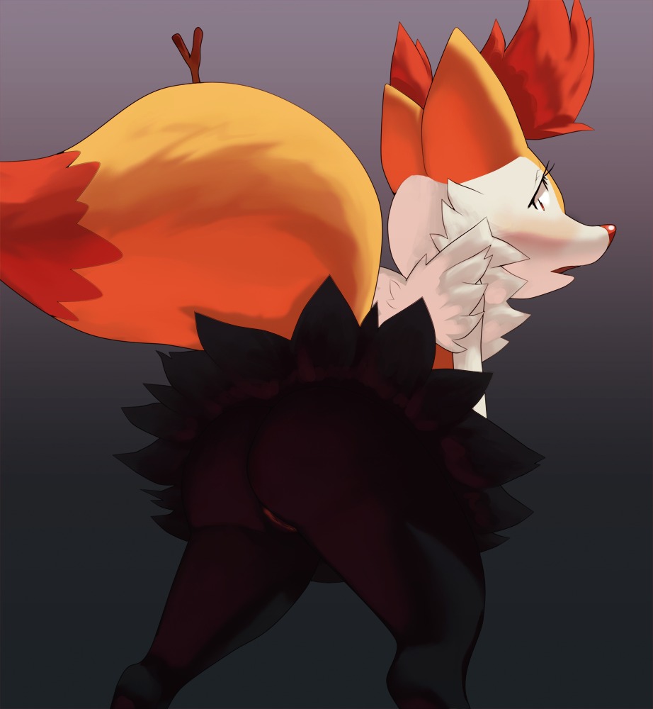 2013 anthro big_butt biped black_body black_fur blush braixen butt canid canine dipstick_tail e621 eyelashes feet female fur generation_6_pokemon genitals gradient_background inner_ear_fluff looking_at_viewer looking_back looking_back_at_viewer mammal markings nintendo nude open_mouth pienji pokemon pokemon_(species) red_eyes simple_background solo stick tail tail_markings tuft vulva white_body white_fur yellow_body yellow_fur