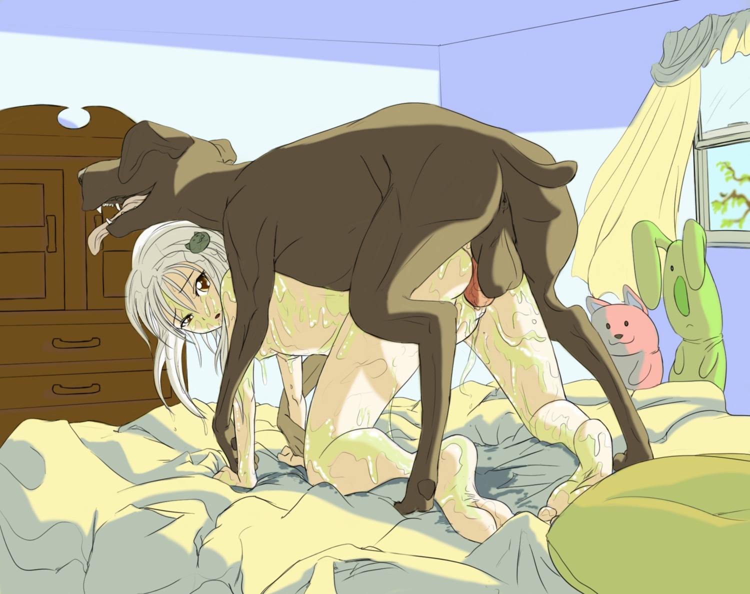 all_fours anus backsack balls bed bestiality breasts butt canid canine canis doggystyle domestic_dog duo e621 erection female female_on_feral female_penetrated female_prey feral feral_penetrating feral_penetrating_human from_behind_position fur furniture genitals hair hi_res human human_on_feral human_penetrated interspecies knot male male/female male_on_human male_penetrating male_penetrating_female mammal nipples nude on_bed open_mouth paws penetration penile penile_penetration penis penis_in_vagina plushie sex smile thebigbrap tongue tongue_out vaginal vaginal_penetration vore vulva white_hair