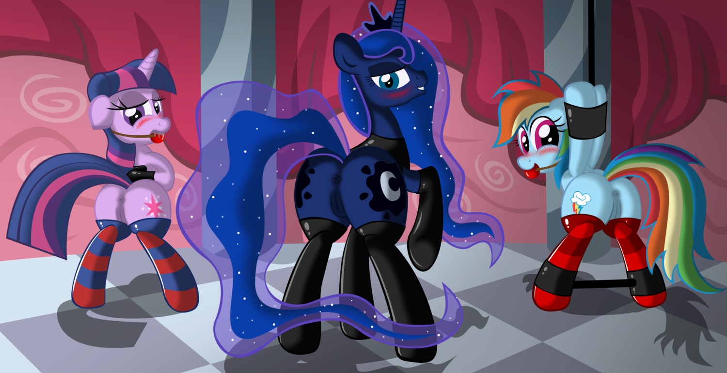 absurd_res anus ball_gag bdsm black_clothing blue_body blue_feathers blue_fur blush bondage bound butt clothing cutie_mark e621 equid equine feathered_wings feathers female feral friendship_is_magic fur gag gagged genitals group hair half-closed_eyes hasbro hi_res horn legwear mammal multicolored_hair my_little_pony mythological_creature mythological_equine mythology narrowed_eyes pegasus presenting presenting_hindquarters princess_luna_(mlp) purple_body purple_fur quadruped rainbow_dash_(mlp) rainbow_hair red_clothing smile stockings tail take_your_pick thigh_highs twilight_sparkle_(mlp) unicorn vulva wings ziemniax